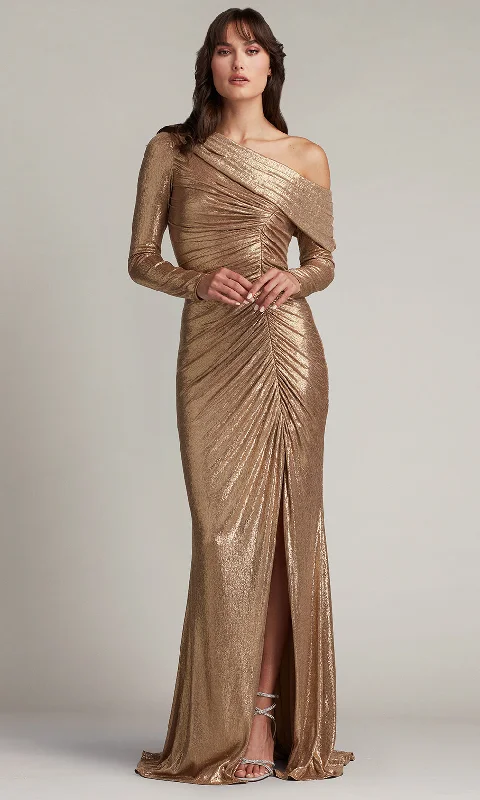 Sporty Streetwear Tadashi Shoji BSJ24030L - Faina Metallic Sheath Gathered Slit Gown