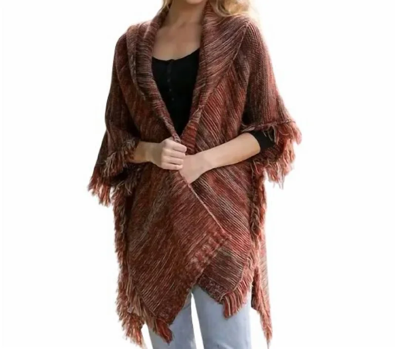 Dive Into Trendy Styles Cozy Marled Knit Collared Ruana In Rust