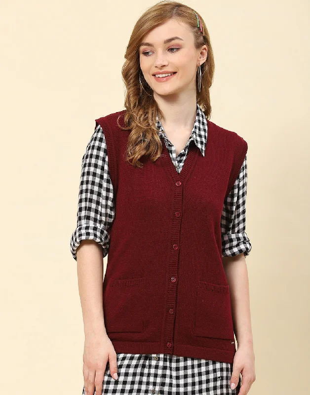 Wardrobe Refresh Women Maroon Solid V Neck Sleeveless Cardigan