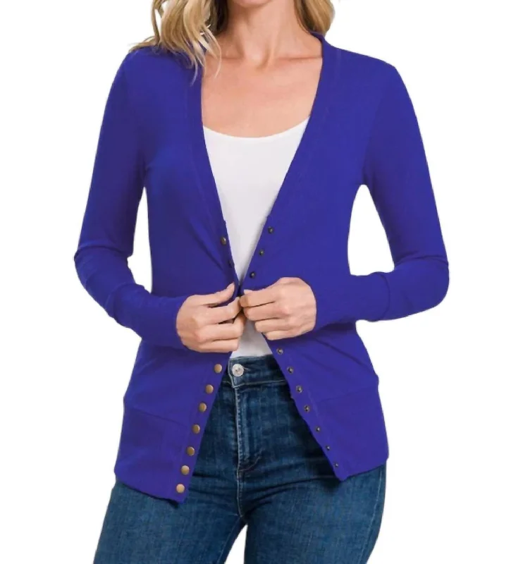 New Arrivals Torie Ribbed Detail Snap Button Cardigan In Bright Blue