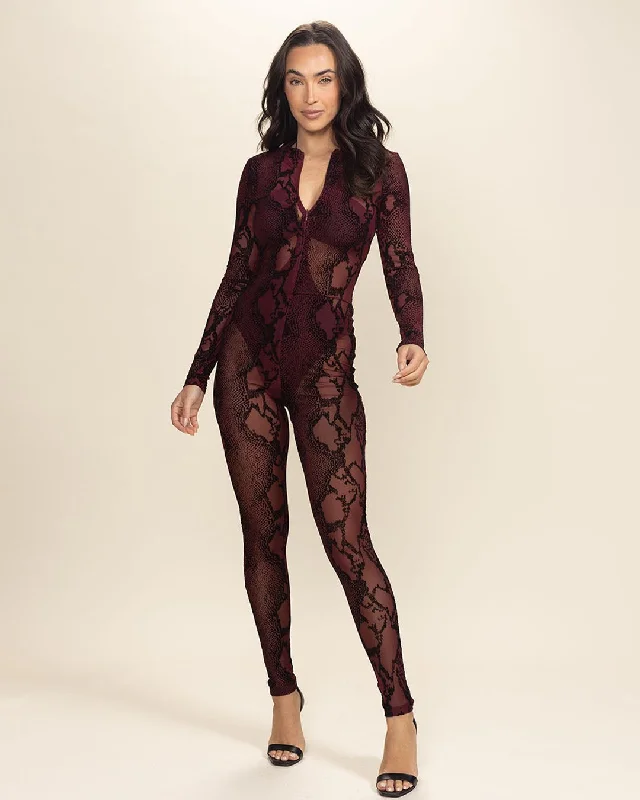 Style Streetwear Women's Full Body Lace Bodysuit | Red Garnet Snakeskin