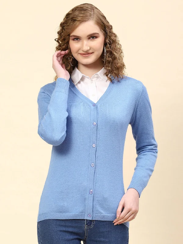 Chic Style Women Sky Blue Solid V Neck Full Sleeve Cardigan