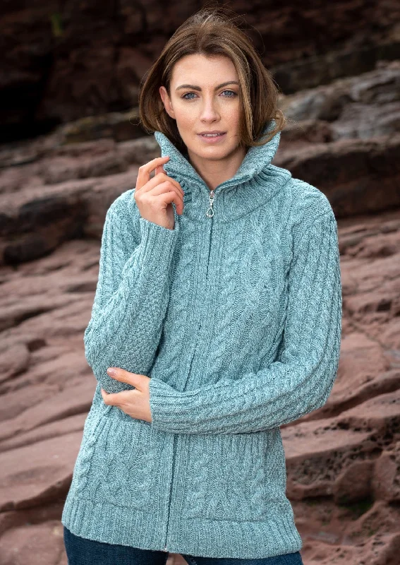 Bid Farewell To The Old Season Aran Claddagh Zip Cardigan | Aqua