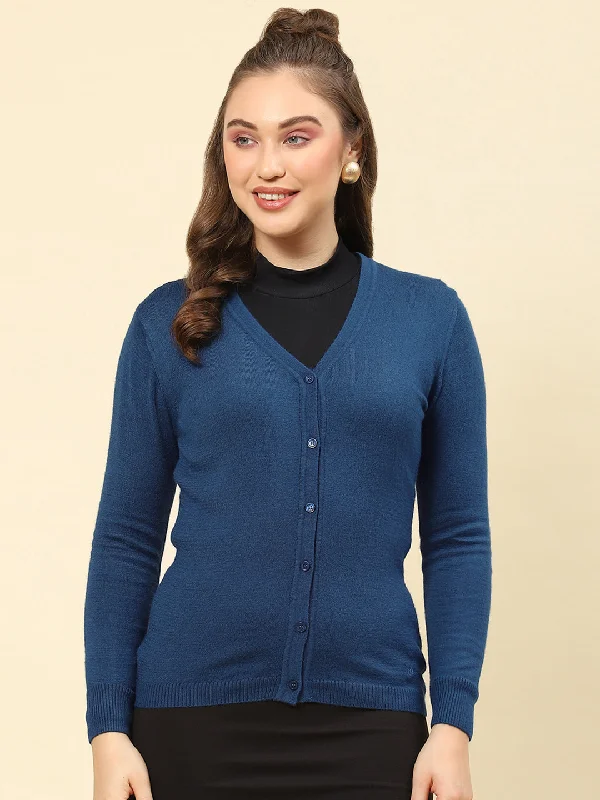 Elegant Style Women Teal Blue Solid V Neck Full Sleeve Cardigan