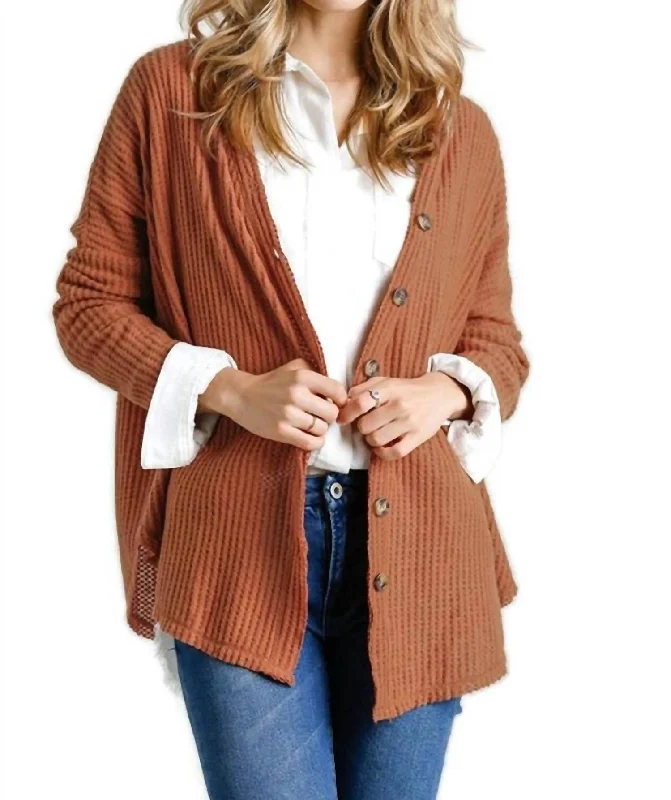 All Season Fashion Collection Waffle Knit Cardigan In Ginger