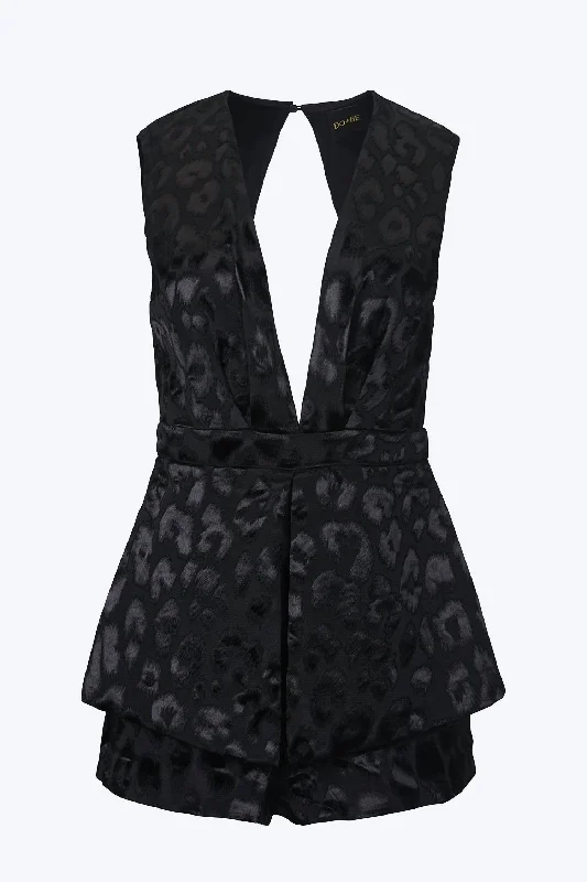 Feminine Soft - Hued Look Plunging Cutout Satin-Jacquard Romper In Black