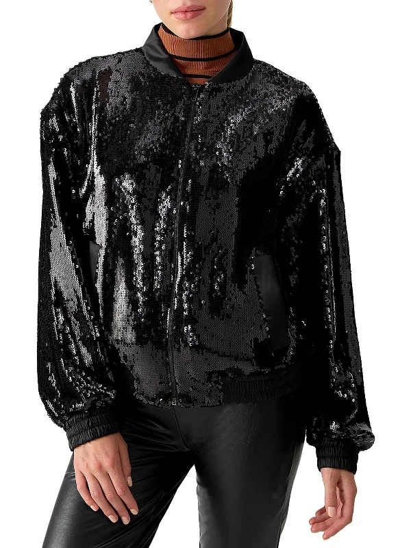 Elegant Clothing Sloan Womens Sequined Lightweight Bomber Jacket