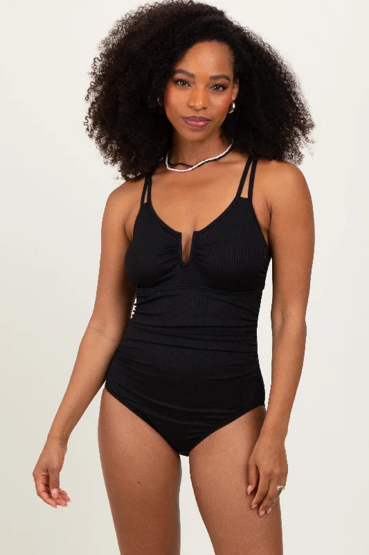 Latest Trends Black Ribbed Split Neckline Swimsuit