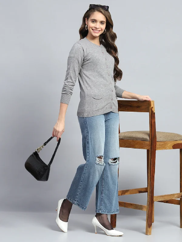 Fashion Forward Style Women Grey Solid Round Neck Full Sleeve Cardigan