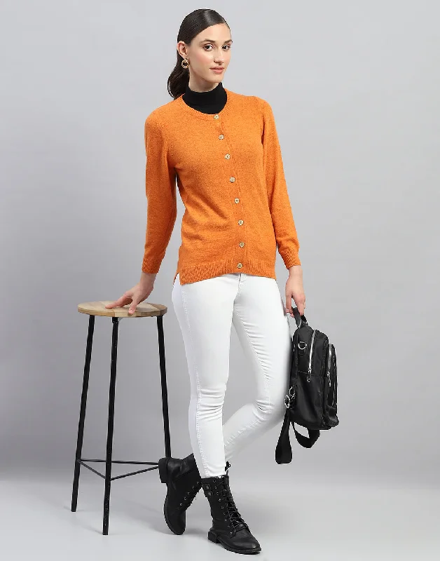 Mid Season Sale Women Orange Solid Round Neck Full Sleeve Cardigan