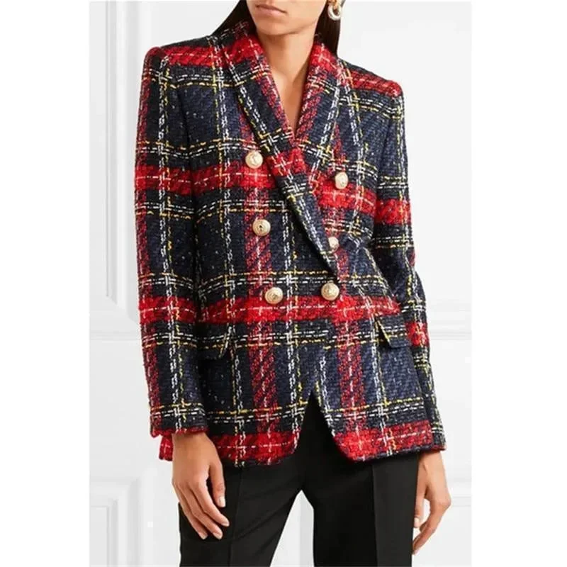 Urban Femme Streetwear Plaid Tweed Blazer - Double-Breasted Blazer Women - Casual - Plaid