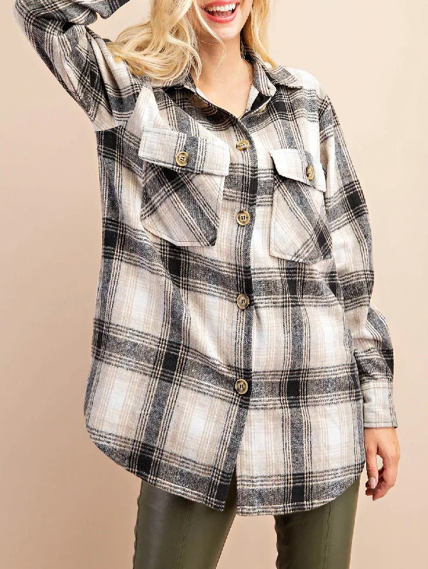 Trendy Aesthetics Plaid Shirt Jacket In Black/tan