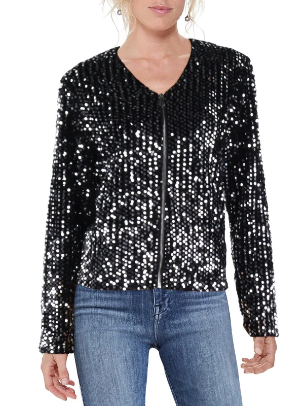 Boutique Styles Womens Sequined Short Bomber Jacket