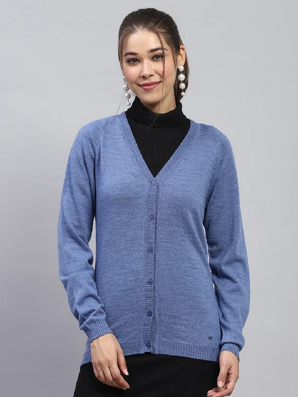 Trendy Urban Attire Women Blue Solid V Neck Full Sleeve Cardigan