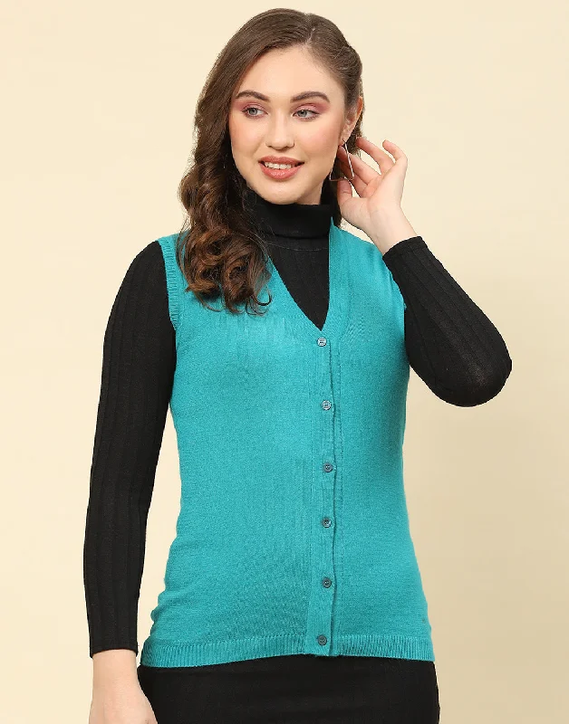 Timeless Elegance Redefined Women Turquoise Blue Solid V Neck Sleeveless Cardigan