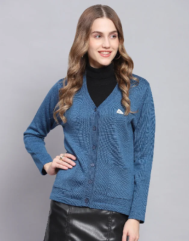 Limited Time Offer Women Blue Solid V Neck Full Sleeve Cardigan