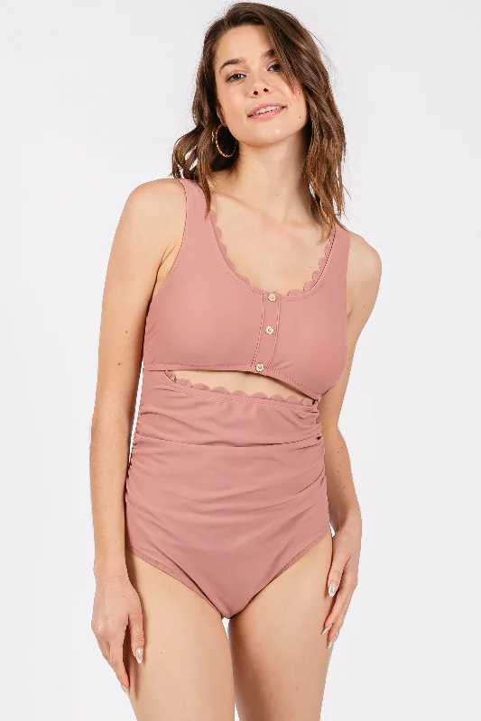 Stylish Savings Mauve Scalloped Cutout Ruched One Piece Swimsuit