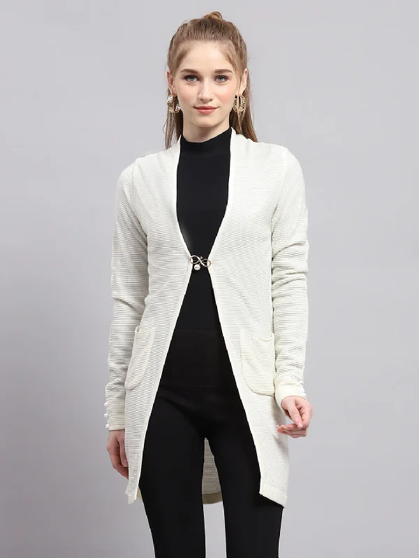 City Fashion Women White Self Design Front Open Full Sleeve Cardigan