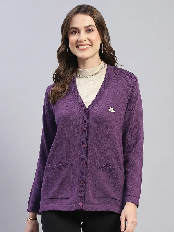 Limited Time Deal Women Purple Solid V Neck Full Sleeve Cardigan