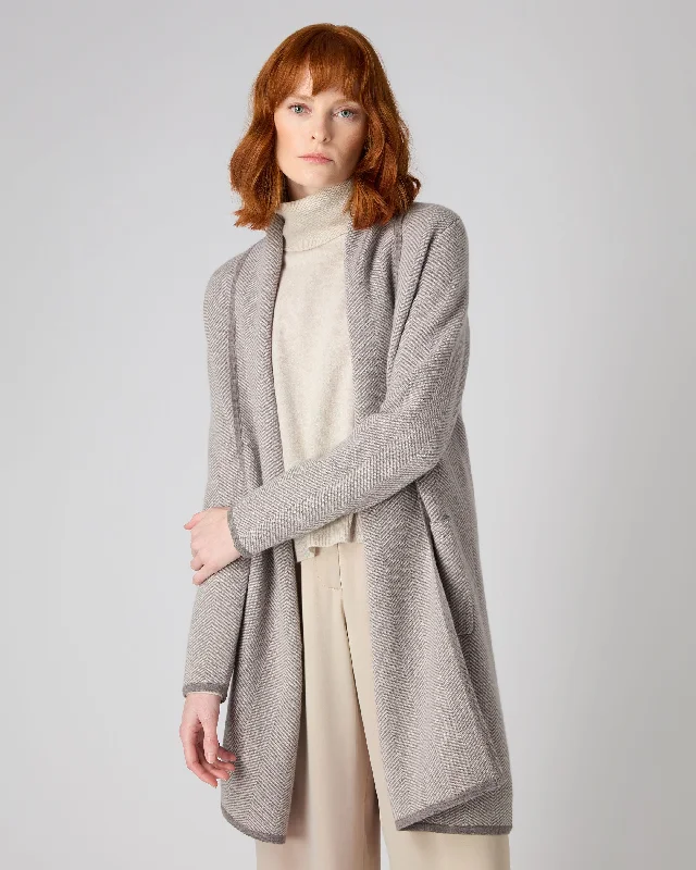 Last Chance Sale Women's Herringbone Long Cashmere Cardigan Taupe Brown