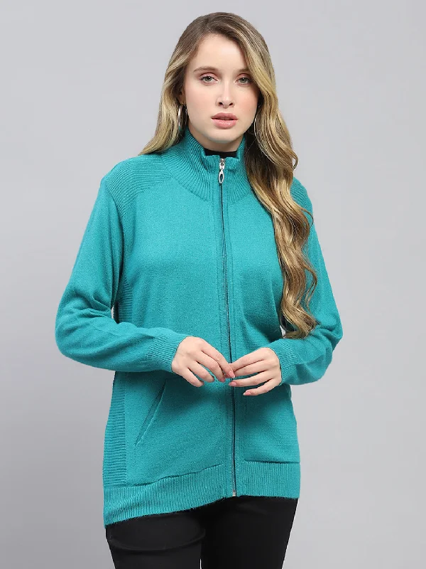 Comfortable Clothes Women Green Solid High Neck Full Sleeve Cardigan