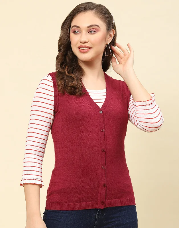 Cutting Edge Fashion Women Maroon Solid V Neck Sleeveless Cardigan