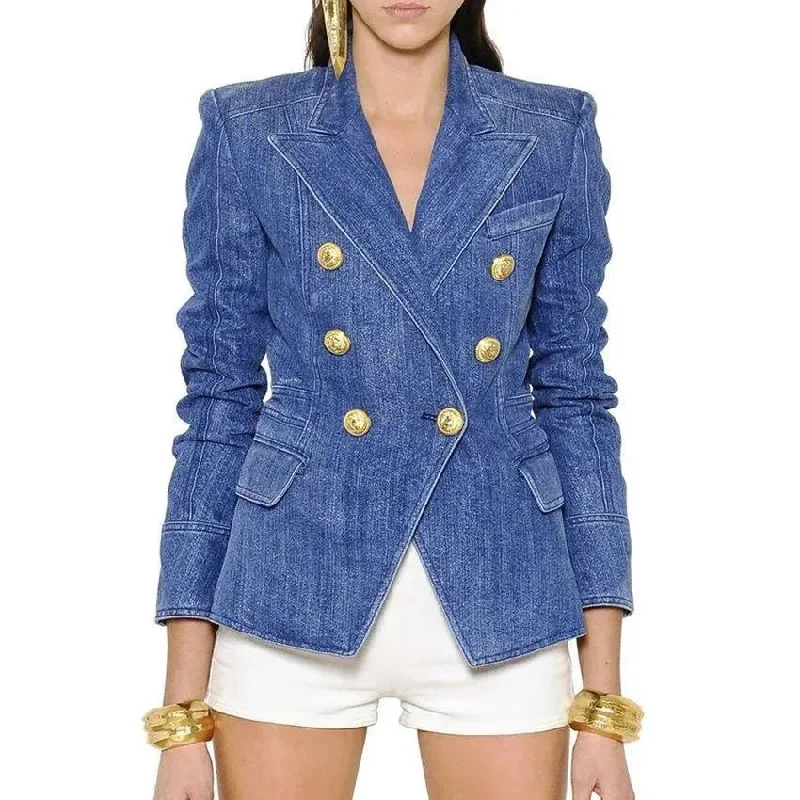 Fashion Forward Lion Buttons Denim Blazer Women - Casual - Plain-Solid