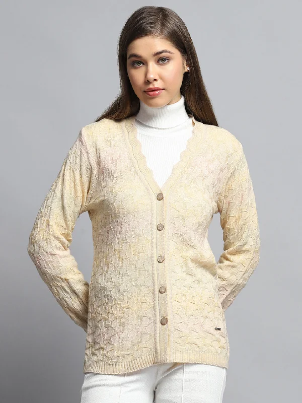 The Latest Fashion Trends Women Beige Self Design V Neck Full Sleeve Cardigan