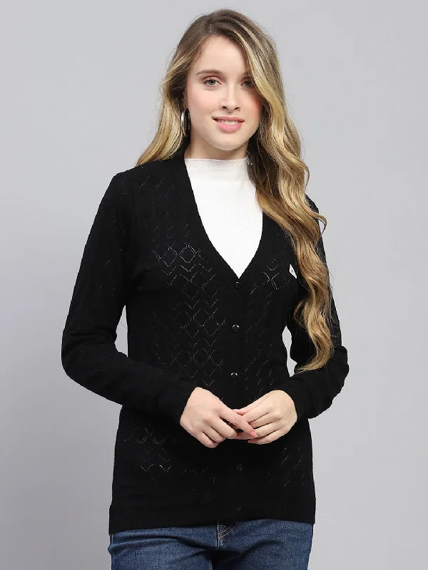 Fashionista Favorites Women Black Self Design V Neck Full Sleeve Cardigan