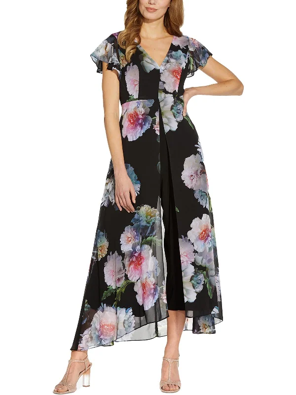 Season Sale Womens Chiffon Overlay Floral Jumpsuit