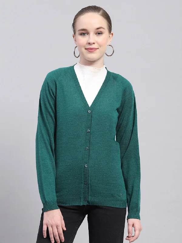 Trend Forward Threads For Her Women Green Solid V Neck Full Sleeve Cardigan