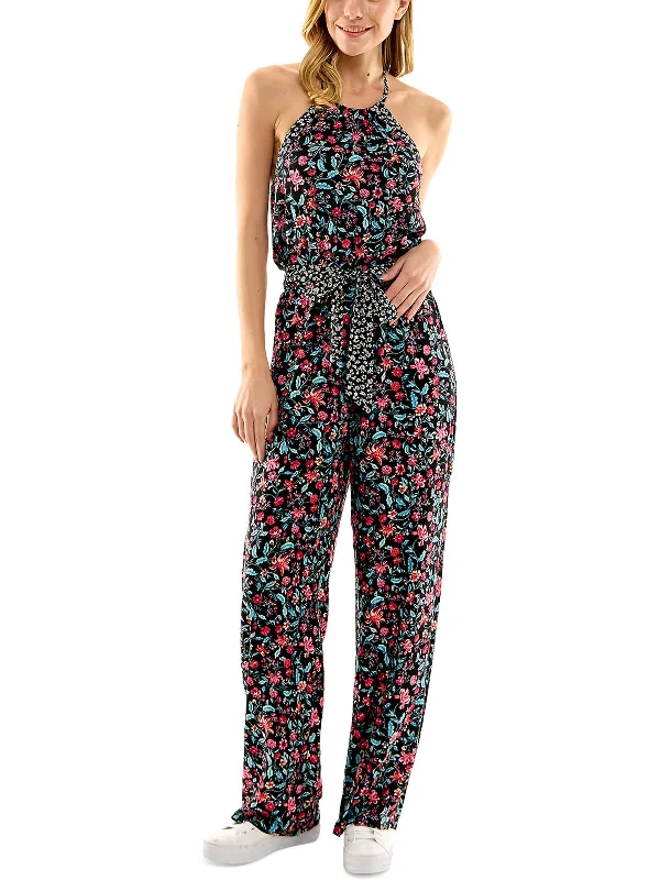 Bold Patterns Juniors Womens Floral Print Crinkled Jumpsuit