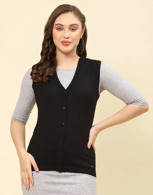 Valentine's Special Women Black Solid V Neck Sleeveless Cardigan