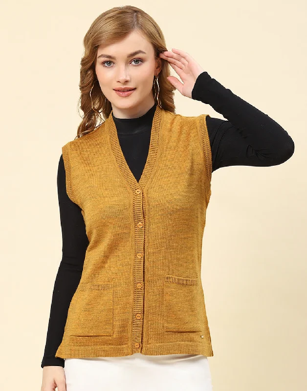 Chic Outfits Women Mustard Solid V Neck Sleeveless Cardigan