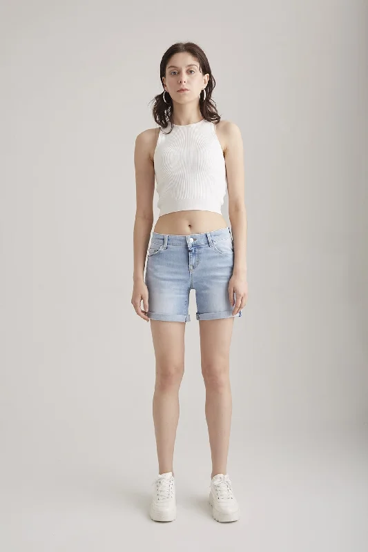 Chic Trend Collection Emma Mid Waist 5 Pocket Denim Shorts Light Blue