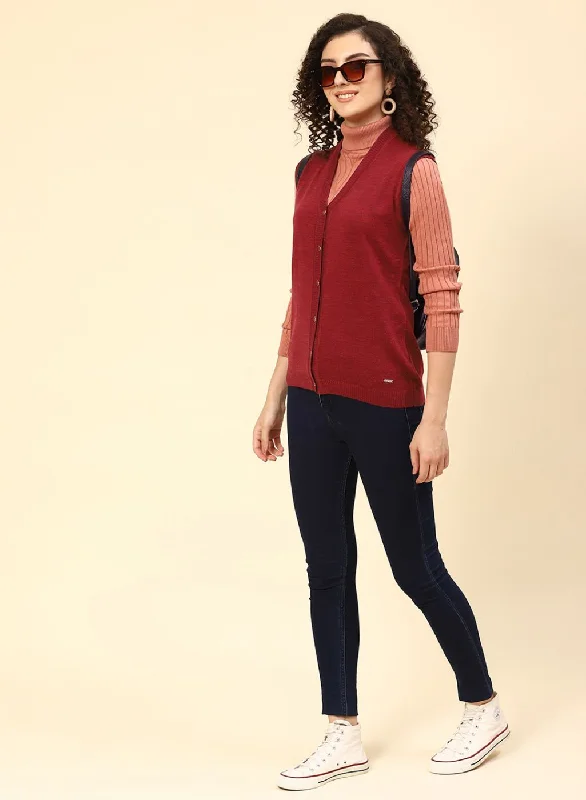 Casual Chic Women Maroon Solid Wool blend Cardigan