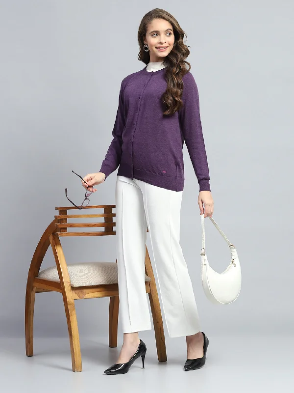 Graceful Drape Women Purple Solid Round Neck Full Sleeve Cardigan