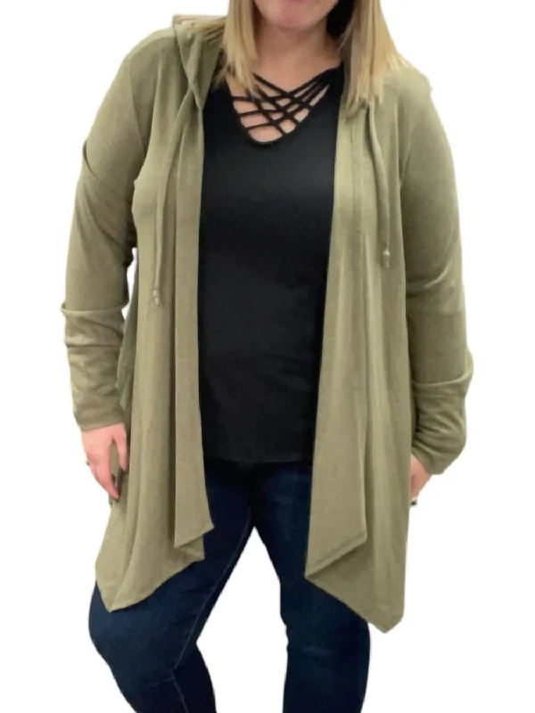 Trendy Pulse Long Sleeve Hooded Cardigan In Olive