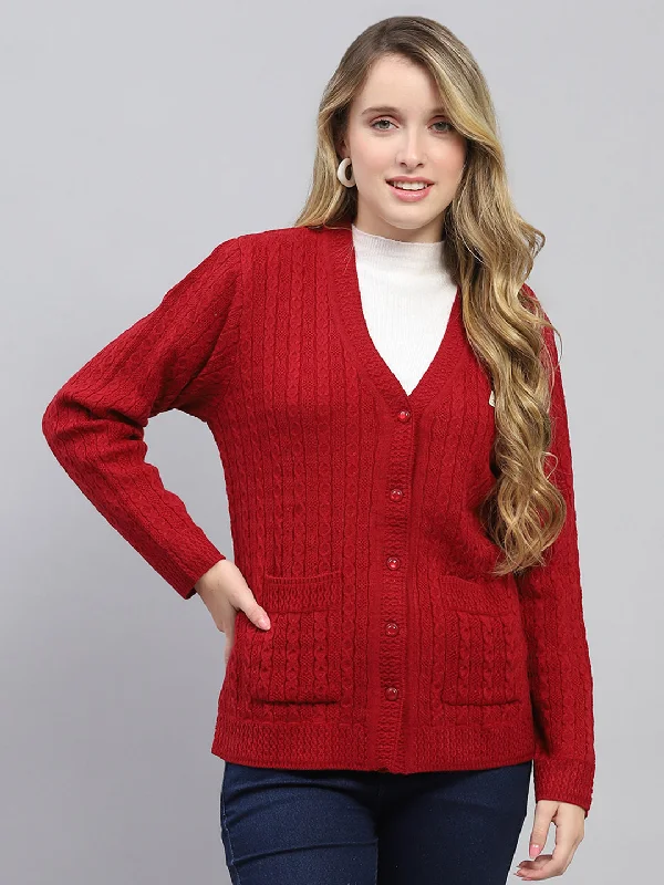 Fashion Essentials Women Red Self Design V Neck Full Sleeve Cardigan