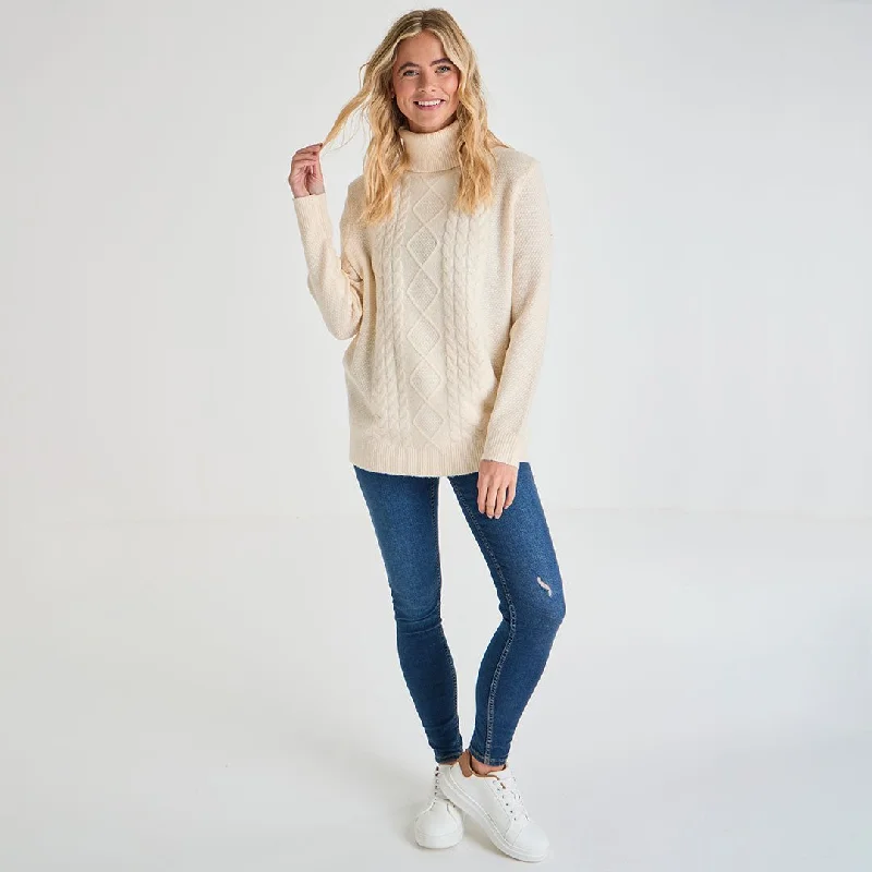 Trend Forward Women's Wear Ladies Polo Neck Cable Knit Jumper