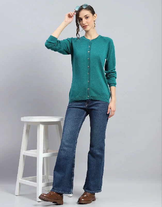 Anniversary Sale Women Green Solid Round Neck Full Sleeve Cardigan