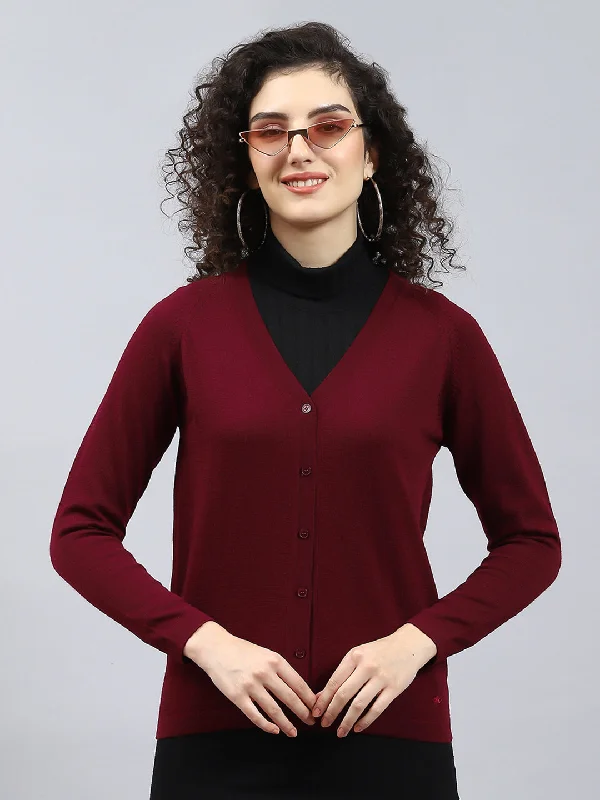 Trendy Styles Women Maroon Solid V Neck Full Sleeve Cardigan