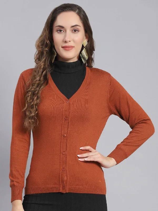 End Of Season Sale Women Rust Solid V Neck Full Sleeve Cardigan