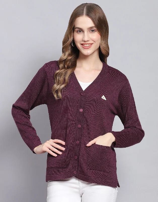 Seasonal Trend Women Maroon Solid V Neck Full Sleeve Cardigan