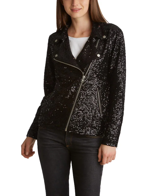 Seasonal Sale Womens Sequined Long Sleeves Motorcycle Jacket