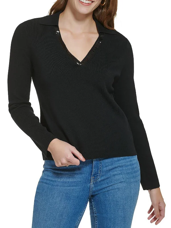 Graceful Drape Plus Womens Embellished V-Neck Pullover Sweater