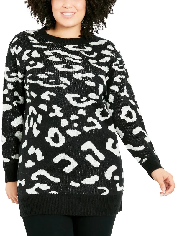 Eclectic Fashion Plus Womens Leopard Print Long Pullover Sweater