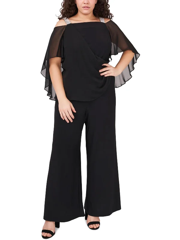 Exclusive Discount Plus Womens Sheer Overlay Rhinestones Jumpsuit