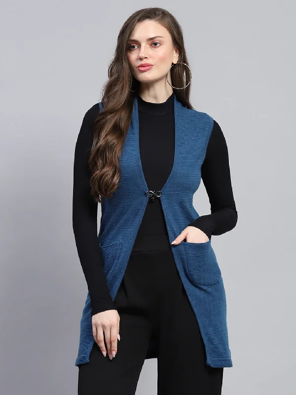 Trendy Threads Women Blue Self Design V Neck Sleeveless Cardigan