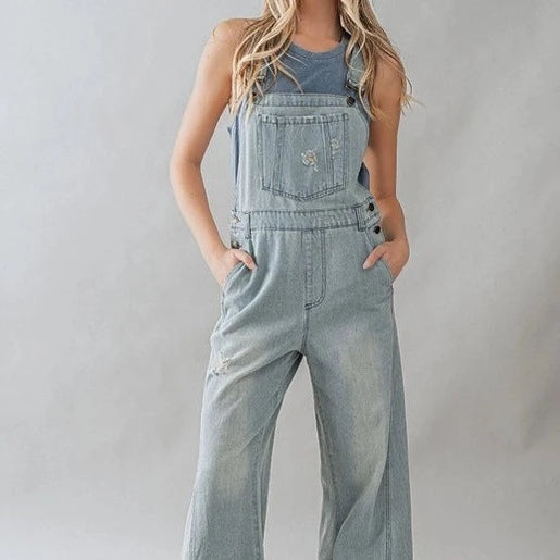 Style Breakthroughs Women's Distressed Wide Leg Flare Denim Overalls in Light Wash